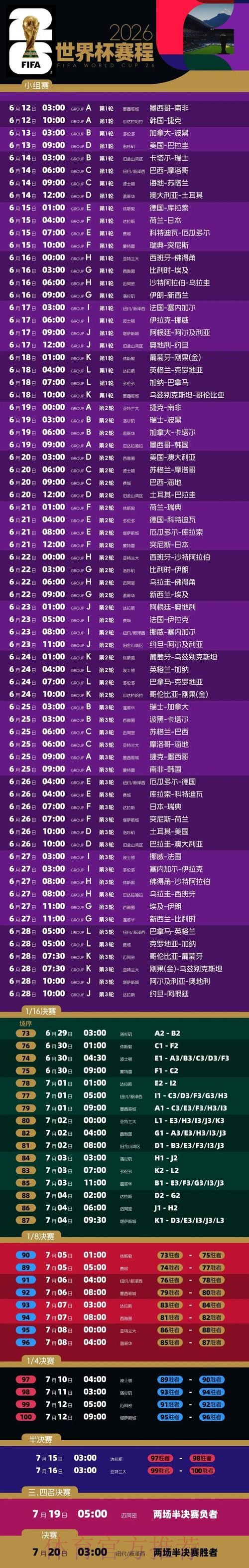 2026世界杯每日赛程官方发布比赛时间表实时查看